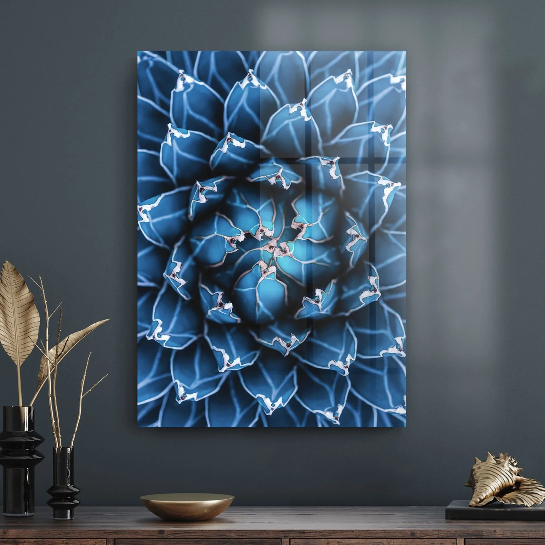 Decovetro Cam Tablo Mavi Çiçek Desenli 70x100 cm