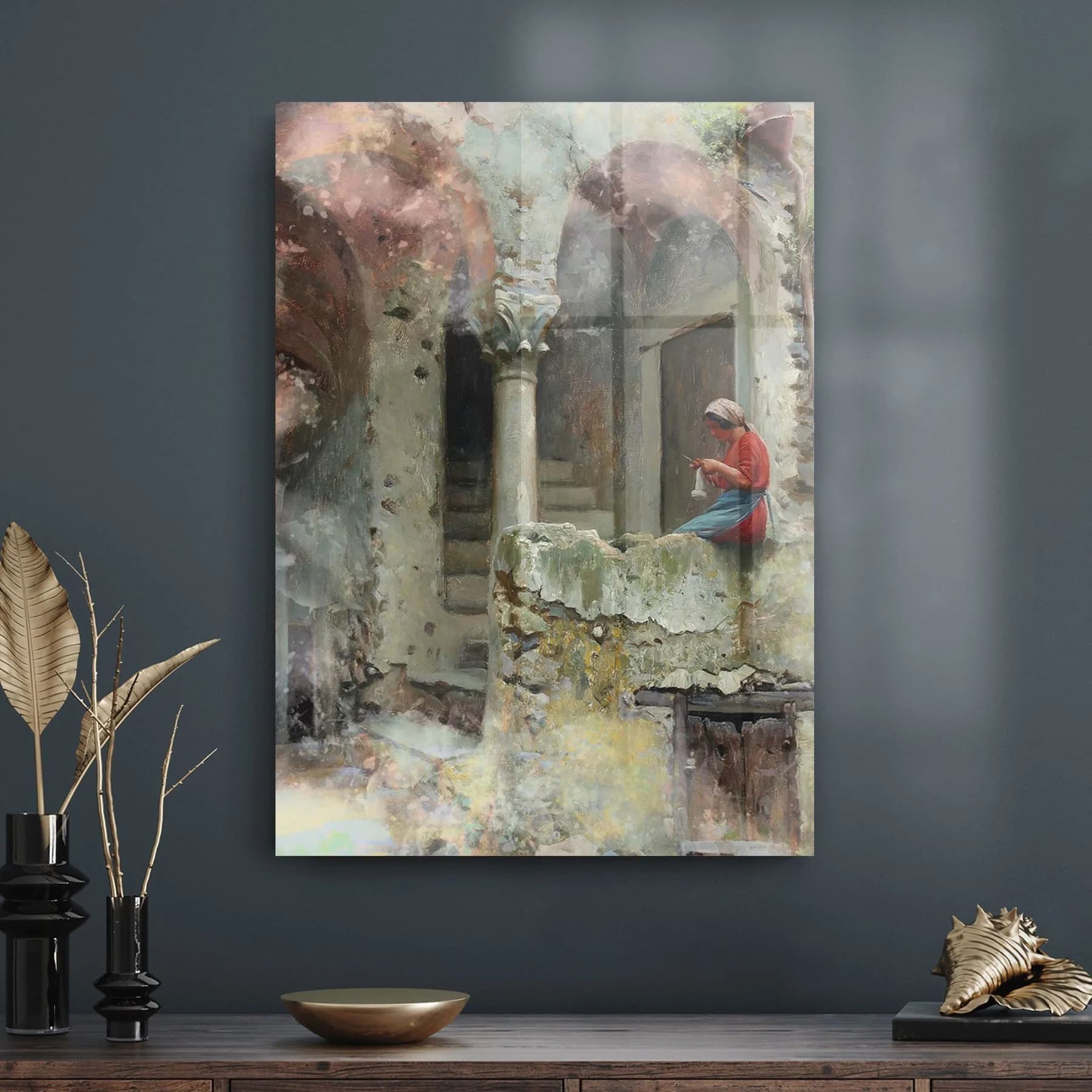 Decovetro Cam Tablo Yağlı Boya Örgücü Kız 70x100 cm