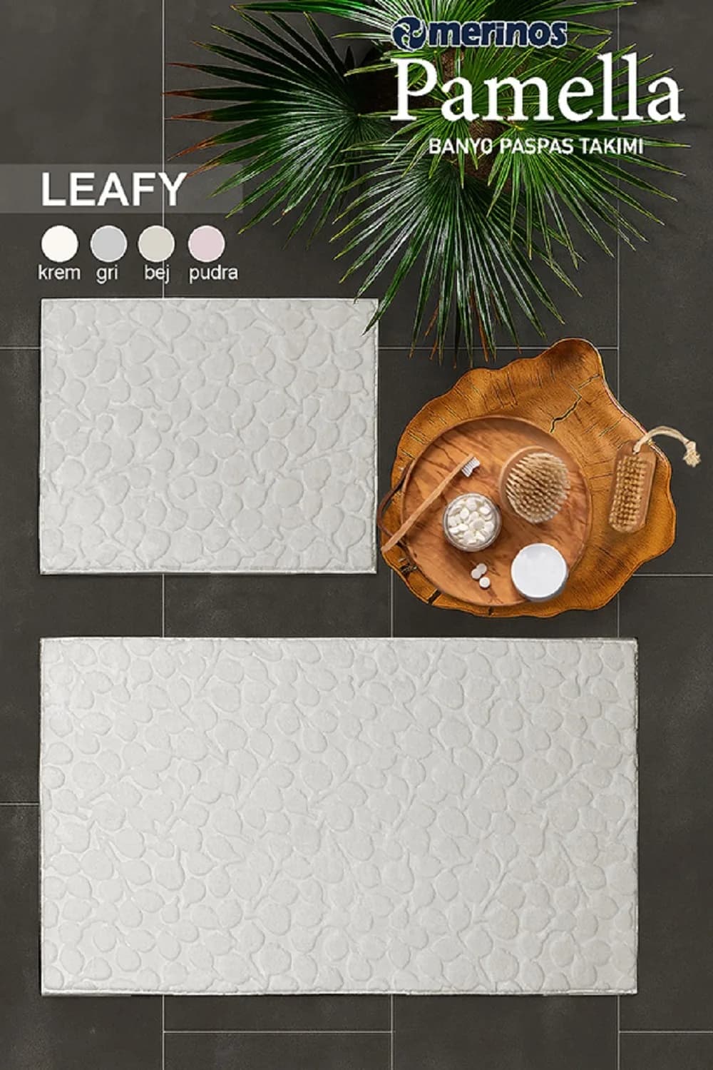 Merinos Pamella 2 Li Banyo Paspas Takımı Leafy Krem