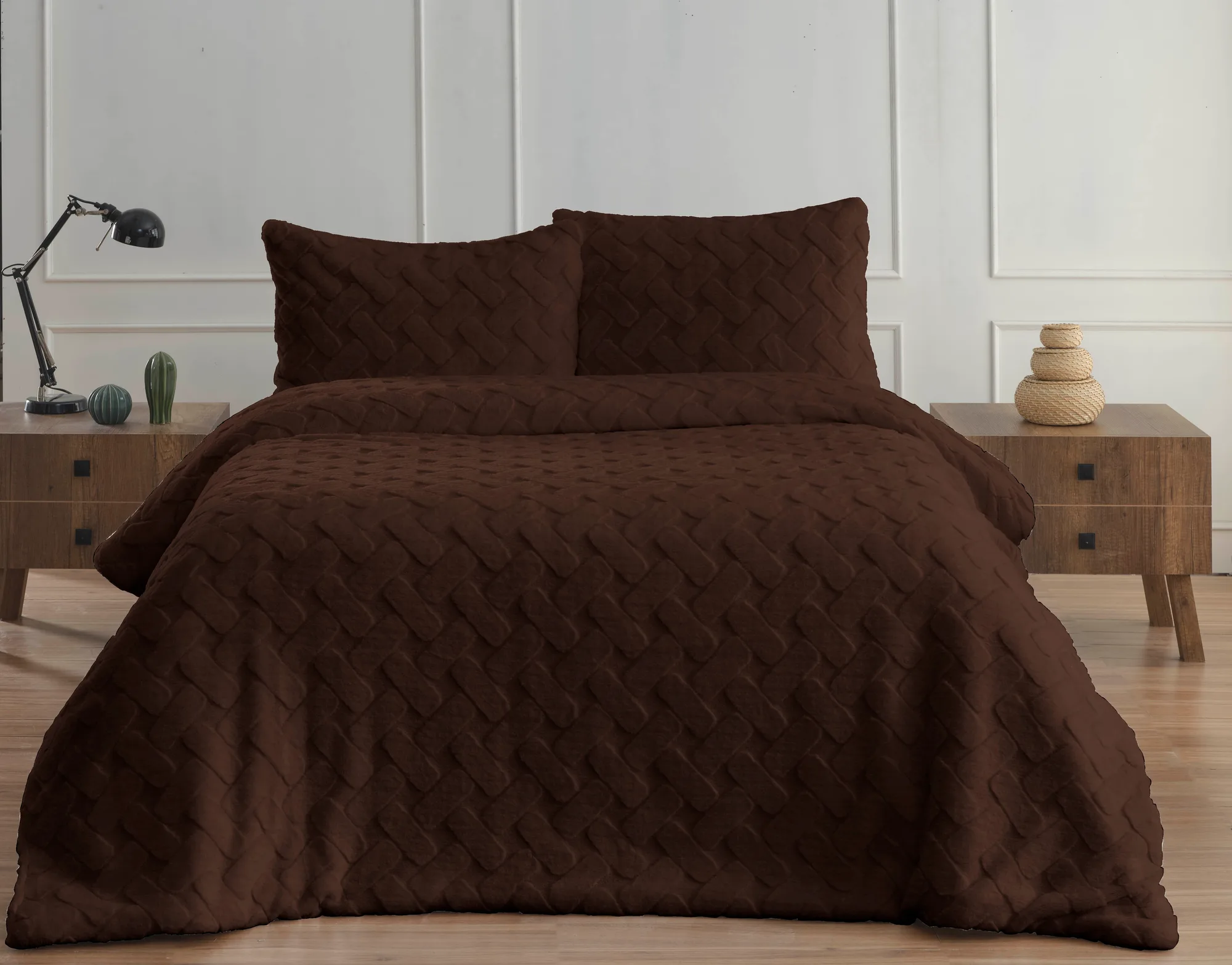 Merinos Diamond 3 Parça Pietra Kürk Comforter Set Kahve