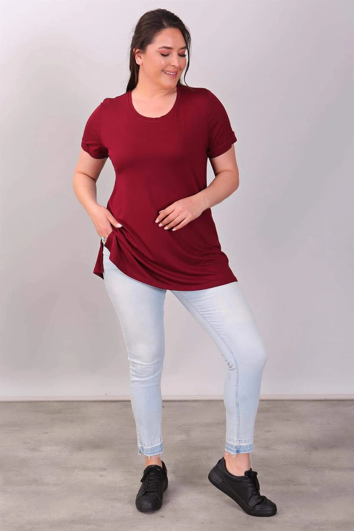 V Yakalı Basic Bordo Bluz