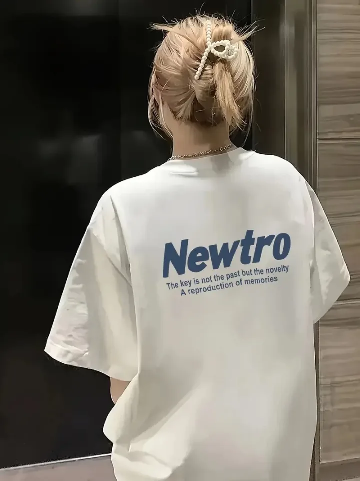 Baskılı Oversize Bisiklet Yaka T-shirt - Beyaz