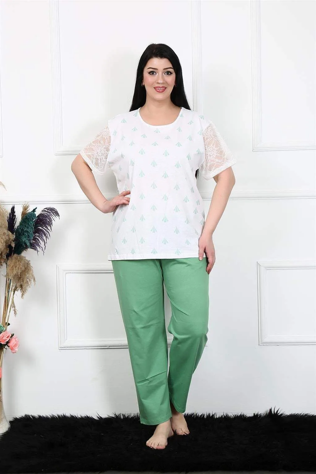 Angelino Kadın 5XL-6XL-7XL-8XL Büyük Beden Kısa Kol Pijama Takım 75001