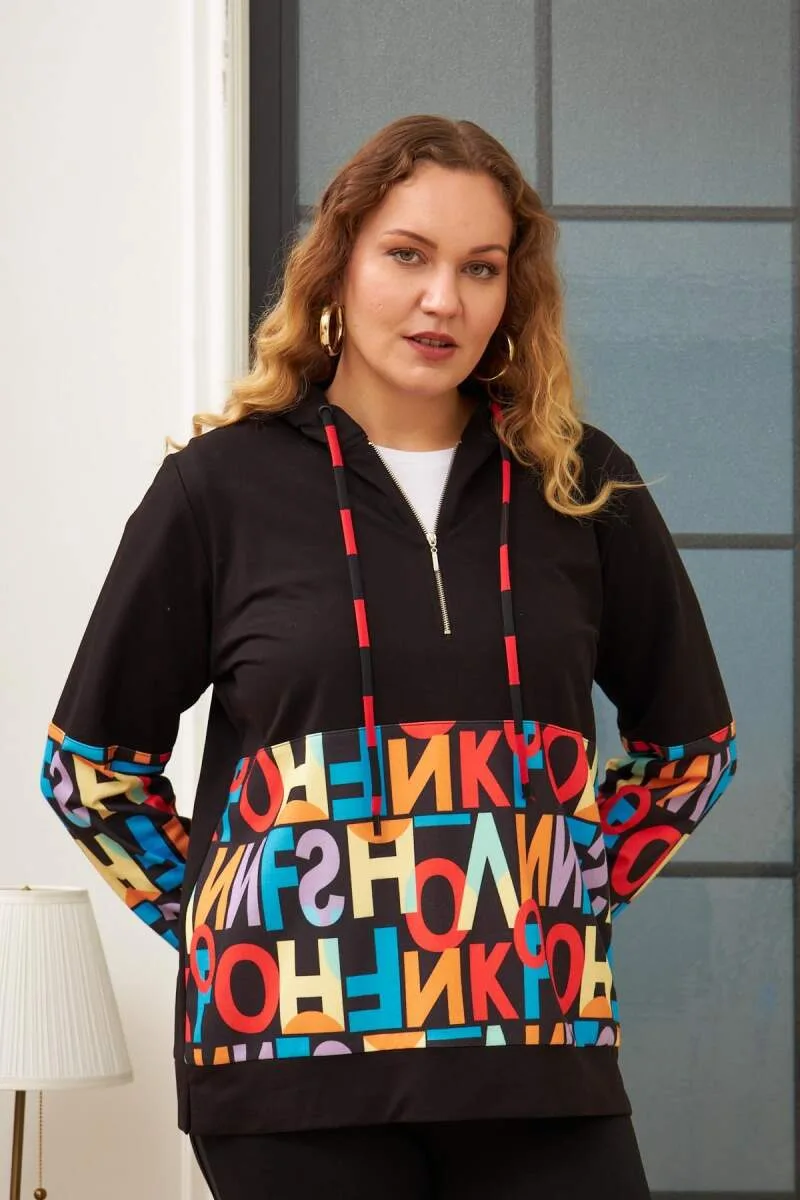 Harf Baskılı Büyük Beden Siyah Sweatshirt