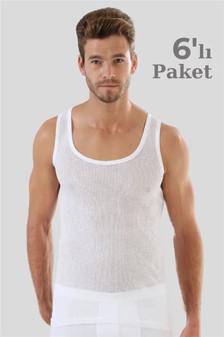 6'lı Paket Beyaz Erkek Fileli Atlet %100 Pamuklu Delikli Yazlık Erkek Atlet
