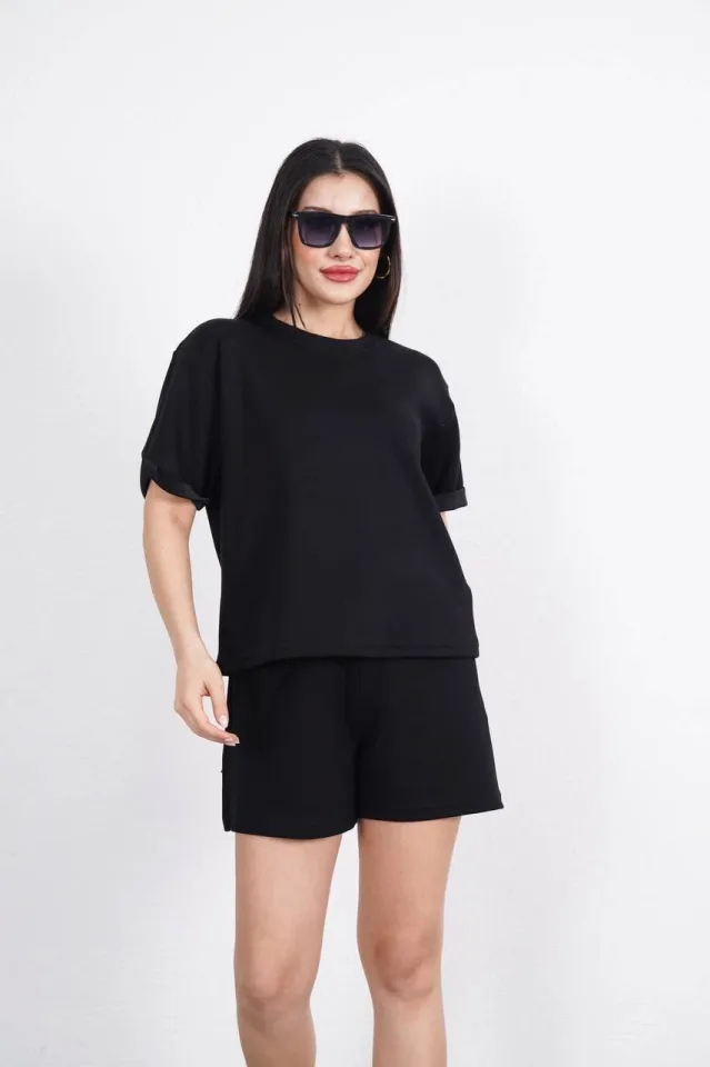 Osy Modal Yumuşak Dokulu Kumaş Bisiklet Yaka T-shirt Kısa Şort İkili Takım - Siyah
