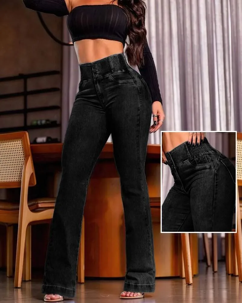 Kadın Yüksek Bel Yanları Lastik önü Düğmeli Kot Pantolon