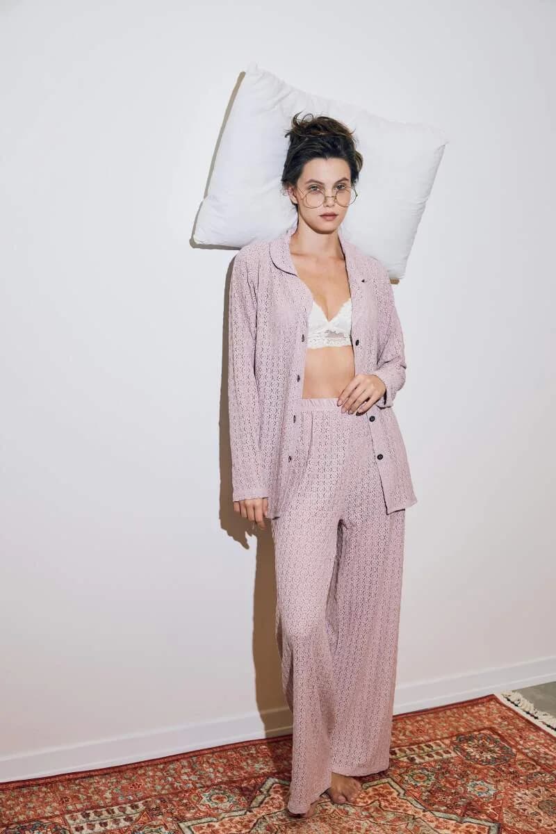 Kadın Önden Düğmeli Rahat Kesim Pijama Takımı