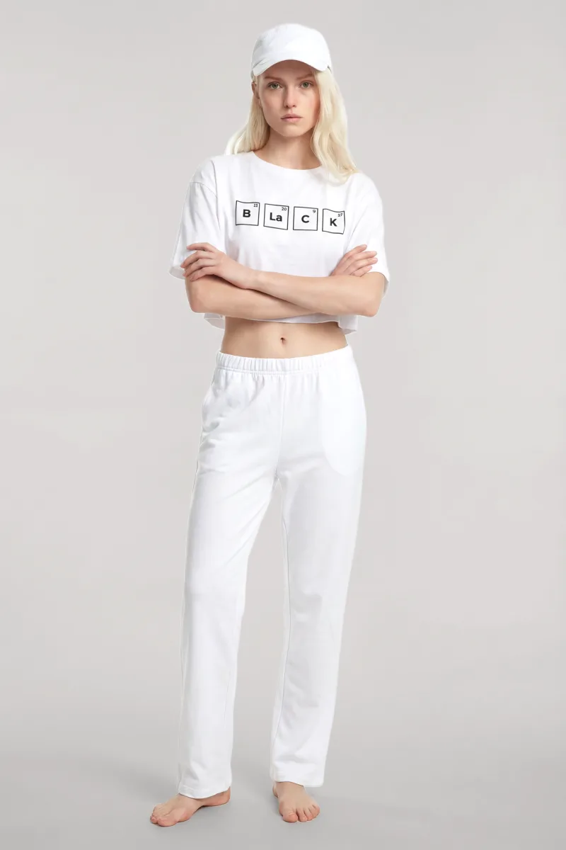 Angelino Baskılı Crop T-Shirt Pantolon Takım Beyaz