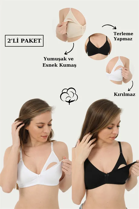 2'li Paket Beyaz - Siyah Emzirme Sütyeni Pamuklu Likralı