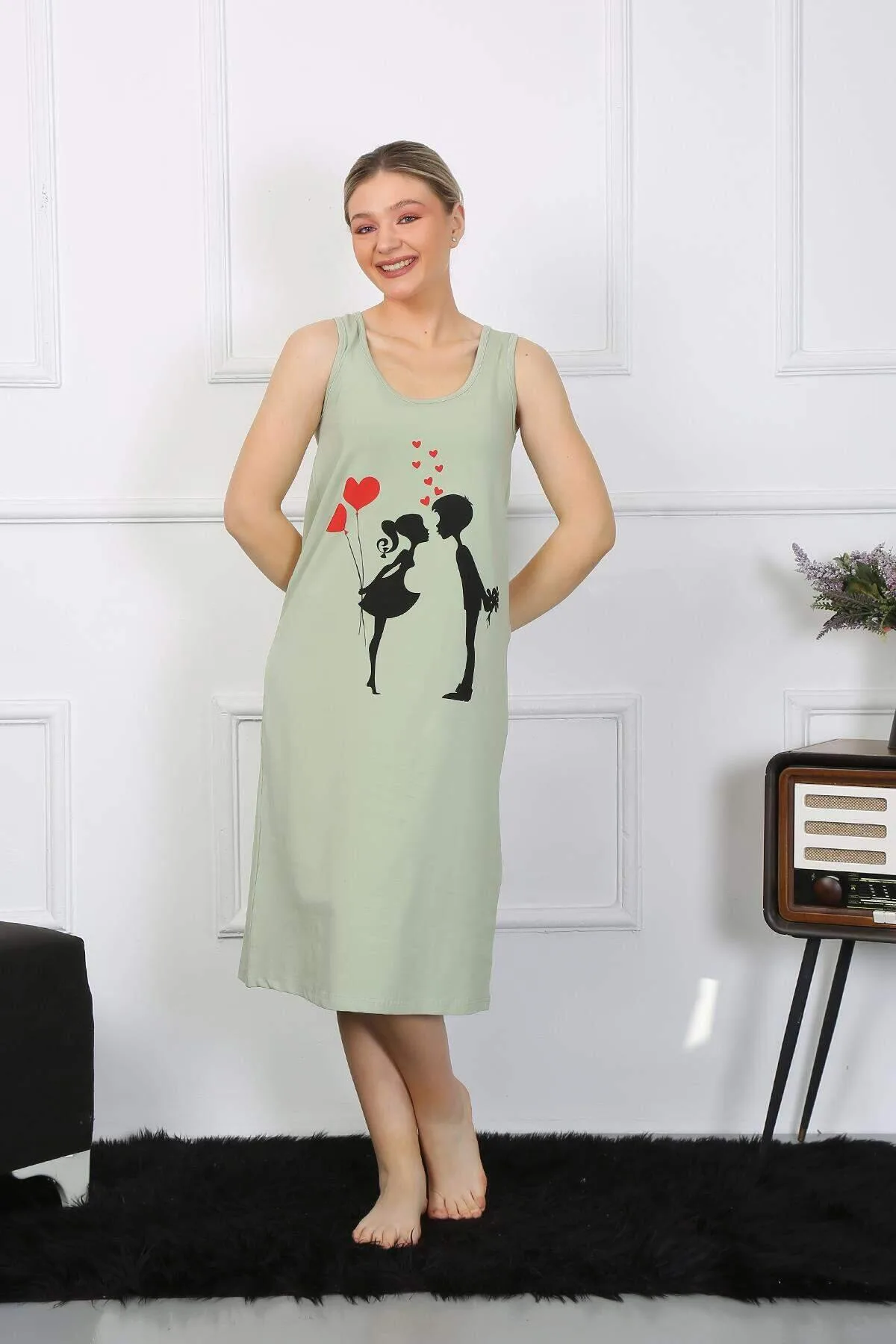 Kadın Kalın Askılı Penye Uzun Fıstık Yeşili Gecelik 12001