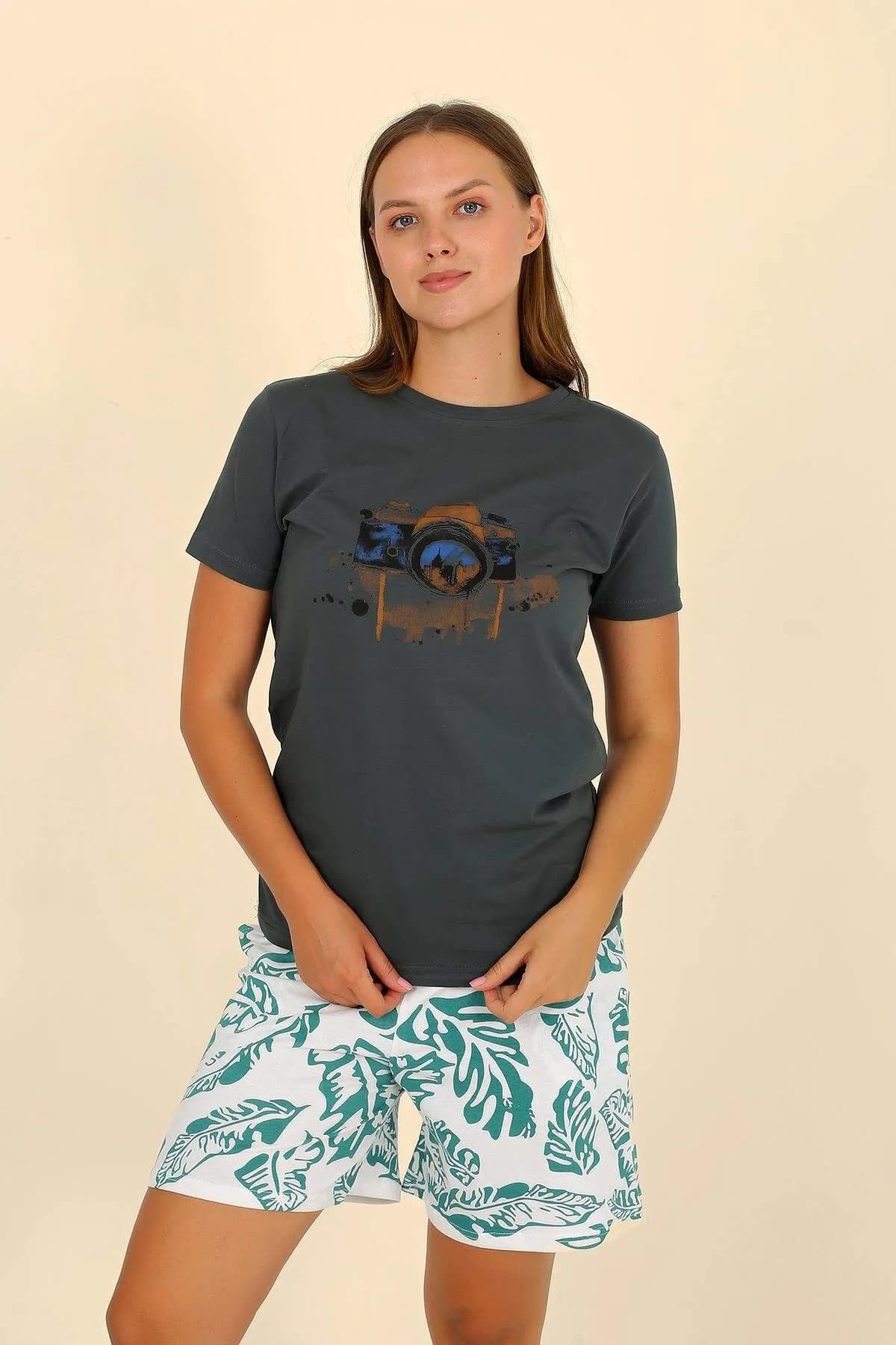 Kadın Şortlu Kısa Kol Penye Pijama Takımı Yeşil 3625