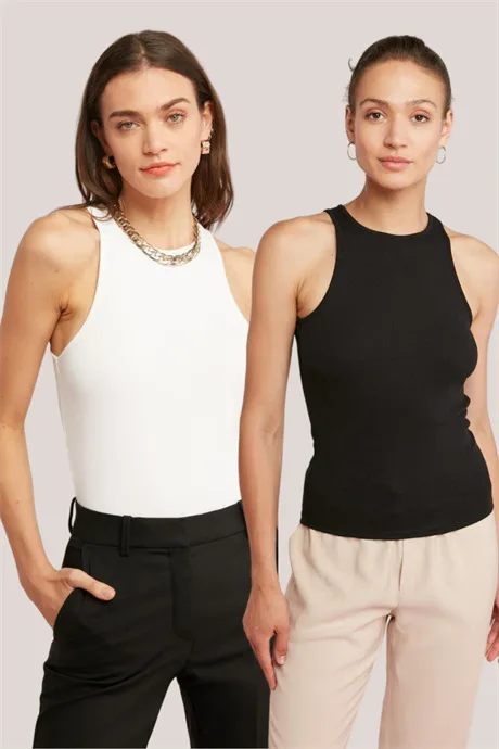 Fitilli Atlet Halter Yaka 2'li Siyah - Beyaz Kadın Tişört