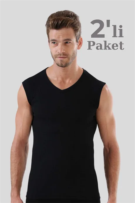 Erkek Siyah Tişört V Yaka Sıfır Kol Kolsuz Atlet Body 2'li %100 Pamuk