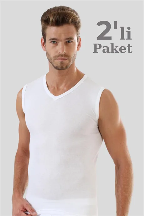 Erkek Beyaz Tişört V Yaka Sıfır Kol Kolsuz Atlet Body 2'li Paket %100 Pamuk