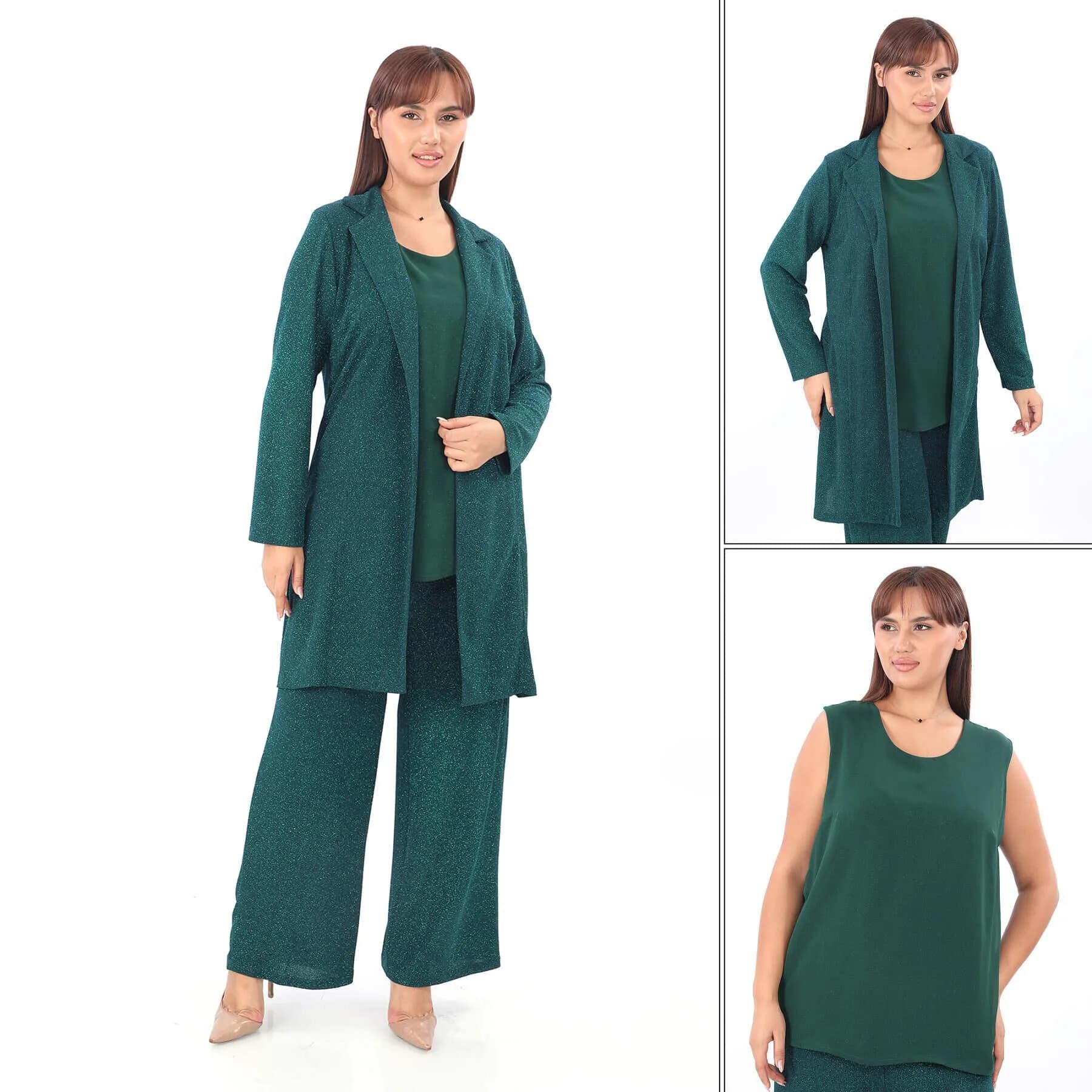 Büyük Beden Kadın Simli 3 Parça Pantolon Bluz Ceket Abiye Takım KL3081 Zümrüt Yeşili