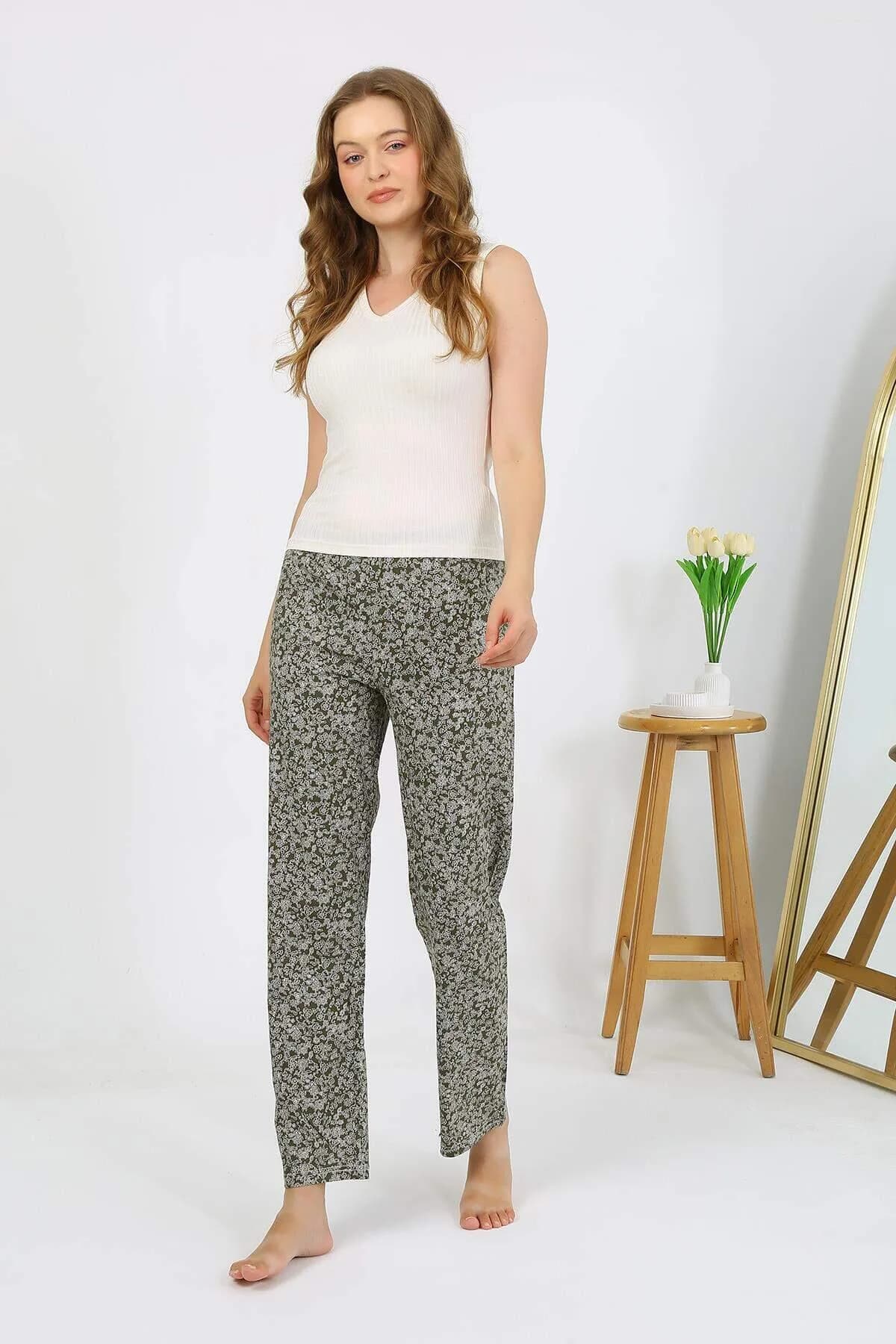 Kadın Penye Desenli Tek Alt Pijama 27533 Haki