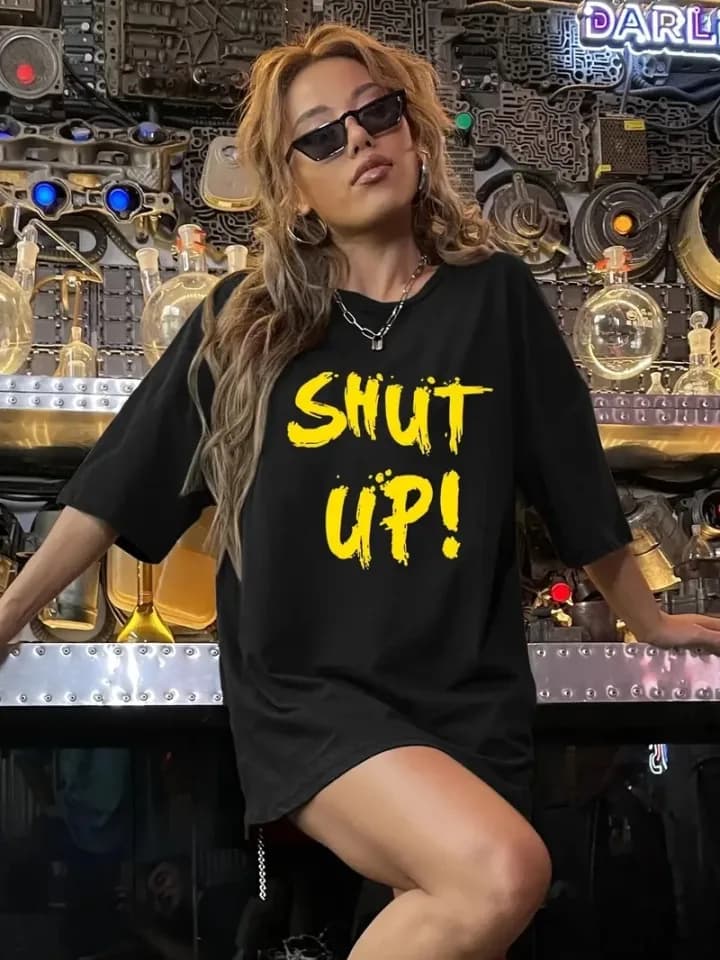 Baskılı Oversize Bisiklet Yaka T-shirt - Siyah