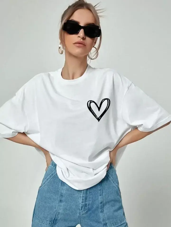 Bisiklet Yaka Baskılı Oversize T-Shirt