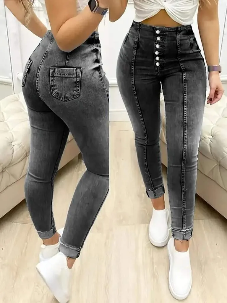 Kadın Yüksek Bel Önden Düğmeli Jean Pantolon