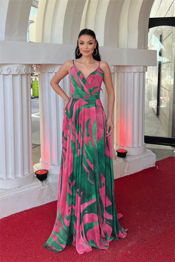 Organze Sifon Kumaş Desenli Maxi Elbise - YEŞİL