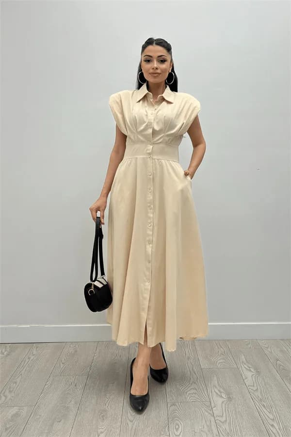 Poplin Kumaş Düğme Detaylı Elbise - KREM