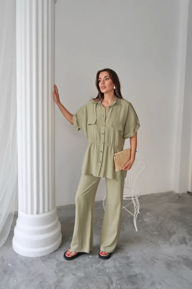 Keten Belden Büzgü Detaylı Gömlek - Pantolon Takım - Yeşil