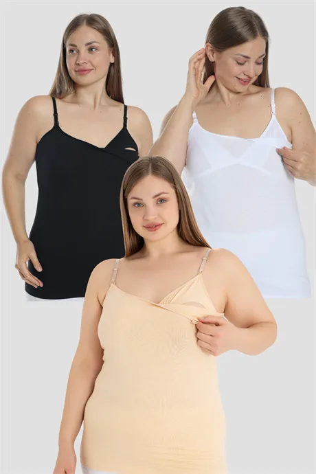3 Adet Emzirme Atleti Pamuklu Likralı Beyaz Siyah Ten