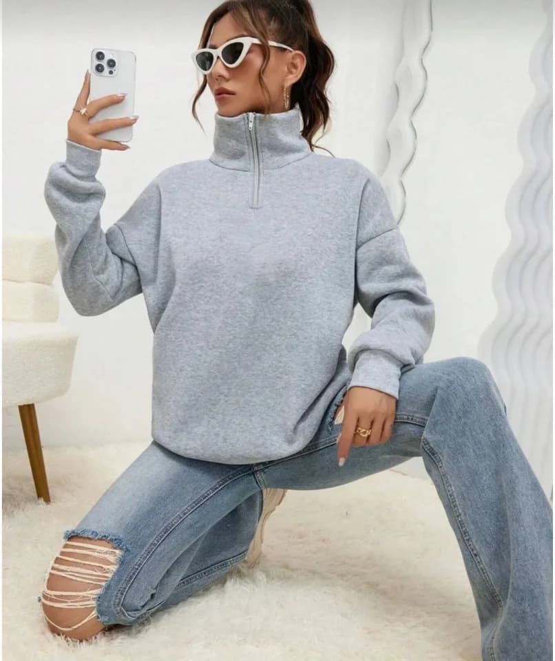 Unisex Uzun Kol Yarım Farmuarlı Yakalı Basic SweatShirt