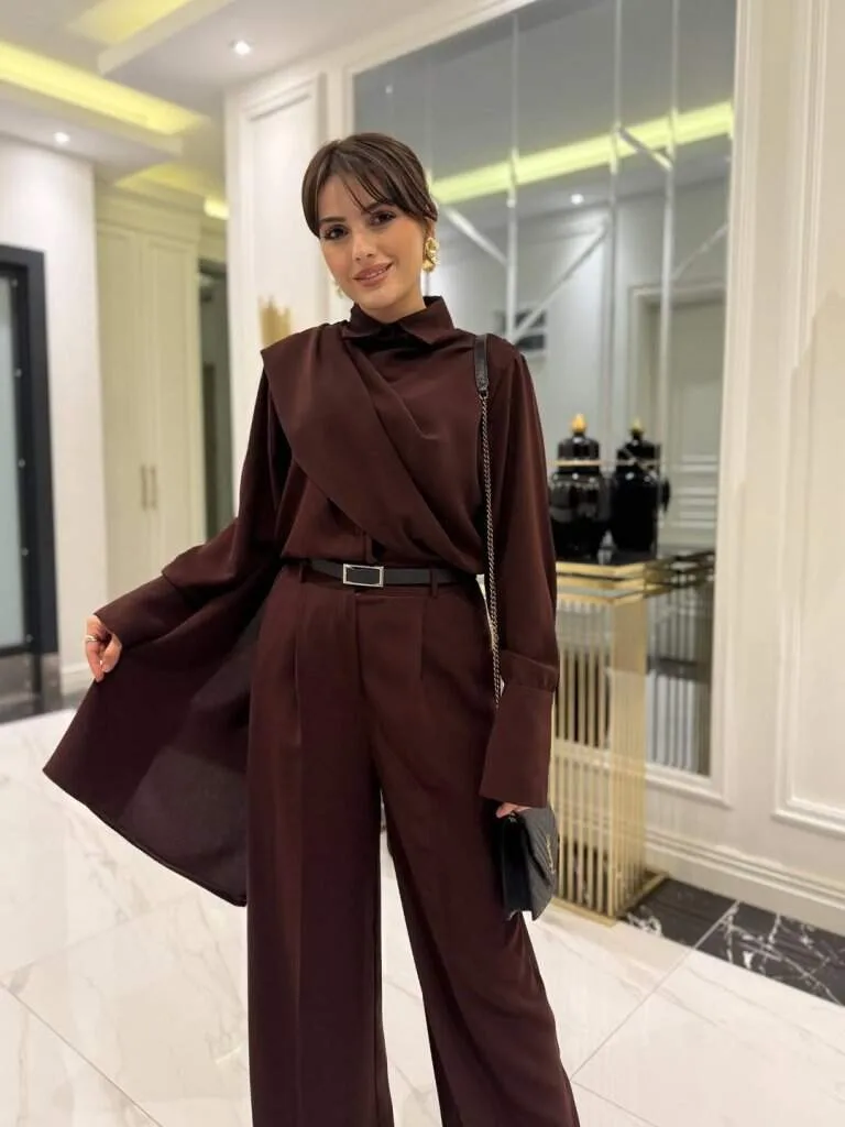 Kadın Uzun Kollu Şal Detaylı Bluz ve Pantolon İkili Takım