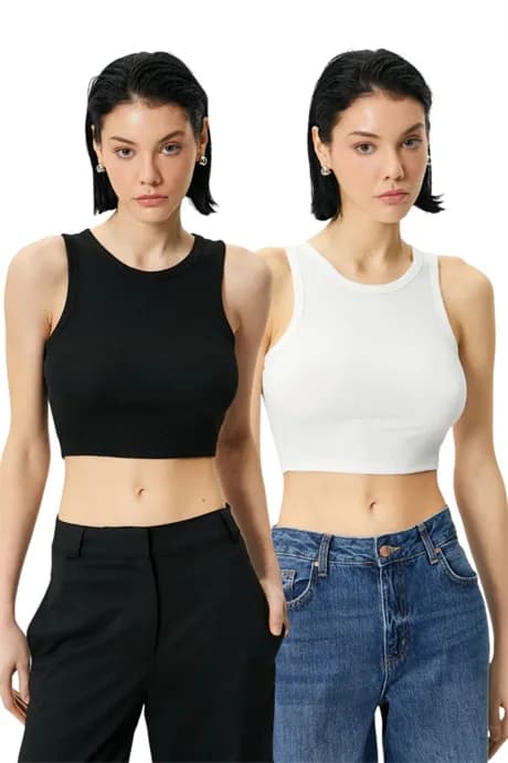 Kadın Pamuklu Fitilli Halter Yaka Kalın Askılı Crop Büstiyer Beyaz Siyah 2'li Paket