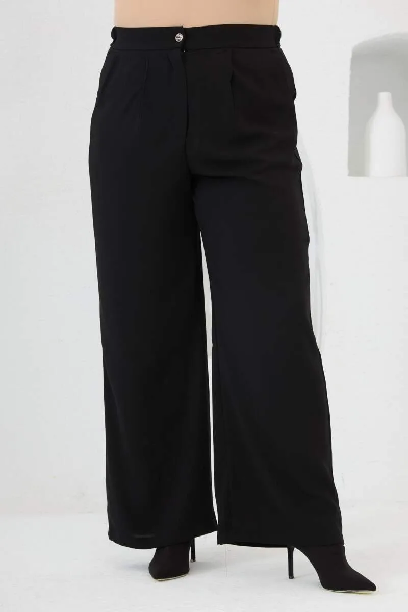 Beli Lastikli Geniş Paça Büyük Beden Pantolon Siyah