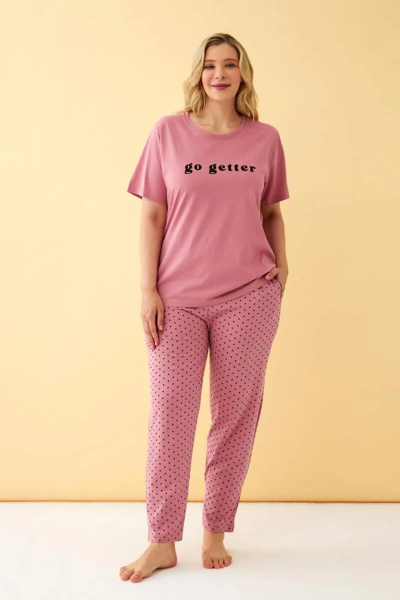 Angelino Kadın Somon Go Getter Yazılı Büyük Beden Pijama Takımı