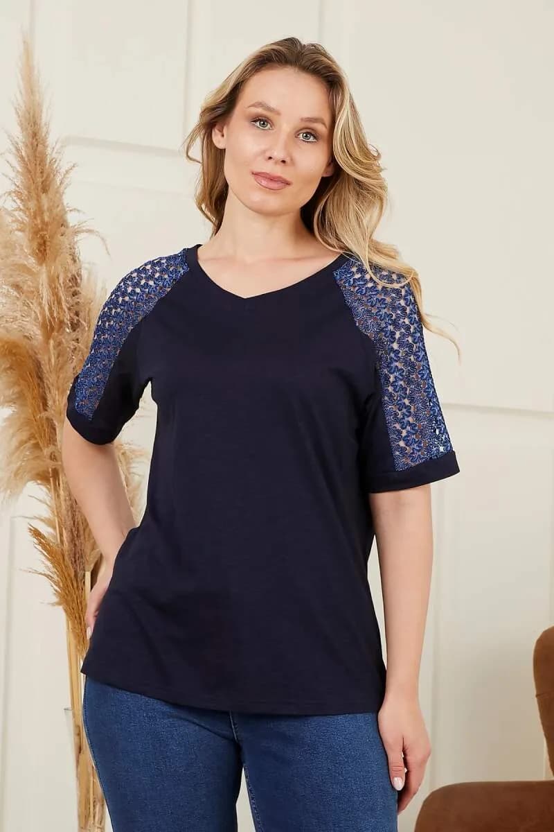 Omuz Dantel Detaylı Büyük Beden Lacivert Tişört