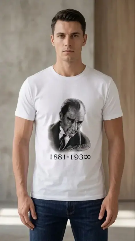 Erkek Atatürk Baskılı Tişört Kısa Kollu Bisiklet Yaka T-Shirt