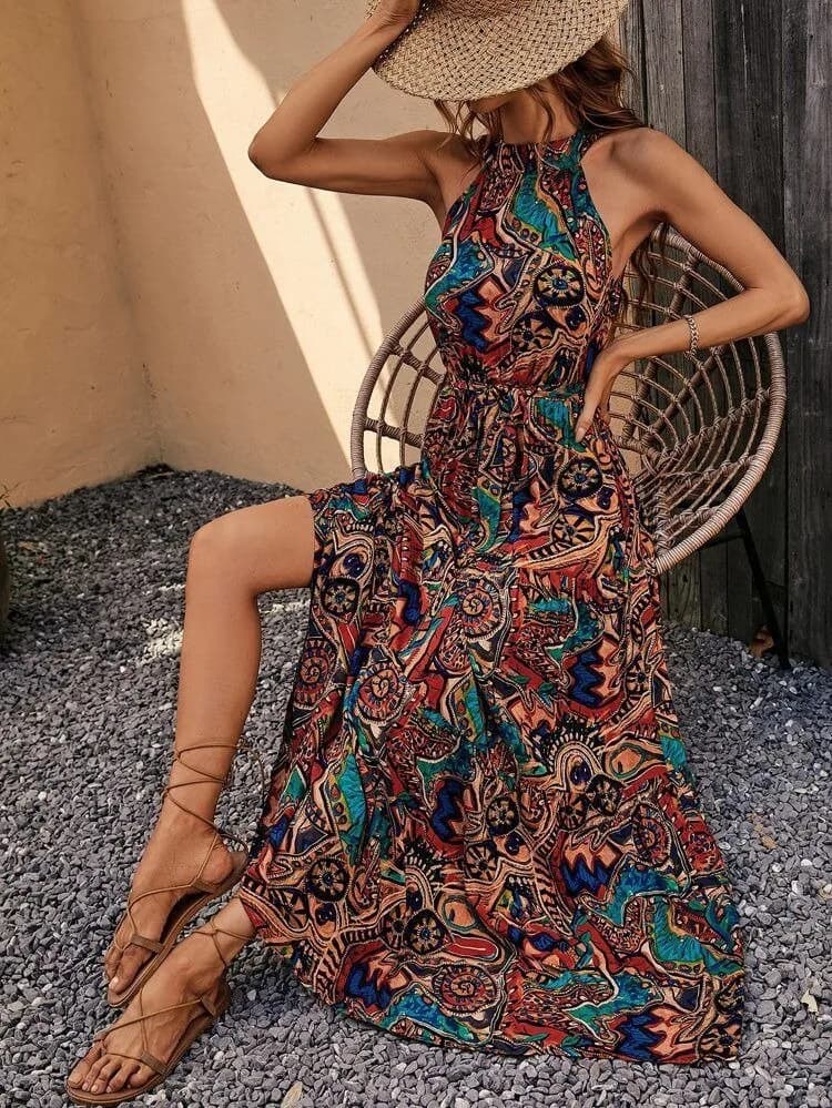 Kadın Kolsuz Halter Yaka Beli Lastikli Antik Desenli Mikro Kumaş Elbise
