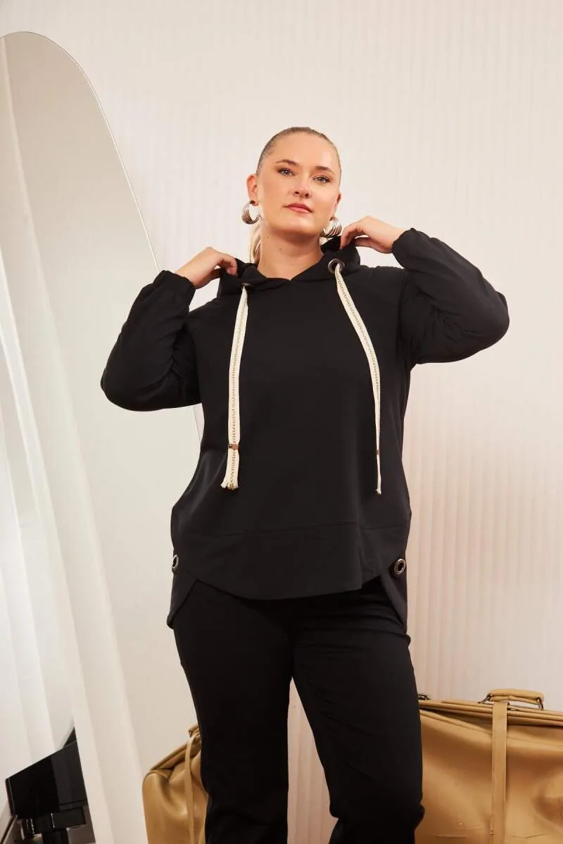 Büyük Beden Süslemeli Bağcıklı Kordon Sweatshirt