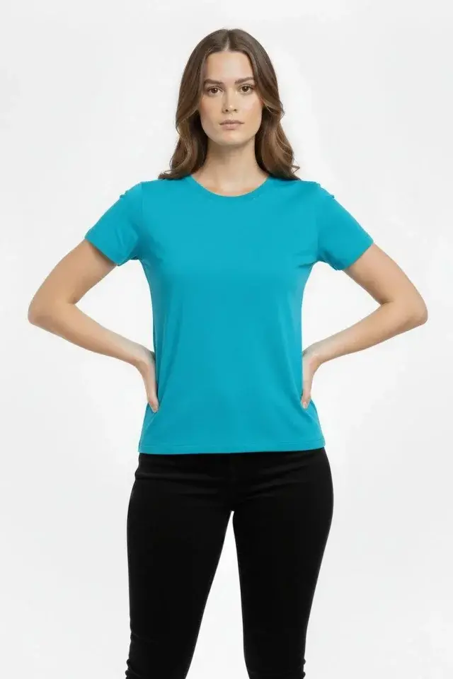 Tişört Bisiklet Yaka Slim Fit Likralı Tişört Günlük Basic Body - Turkuvaz