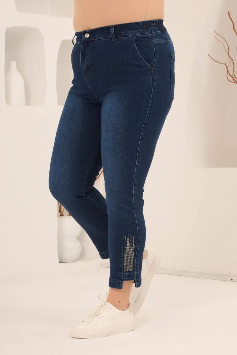 Büyük Beden Taş Detay Denim Kapri Lacivert