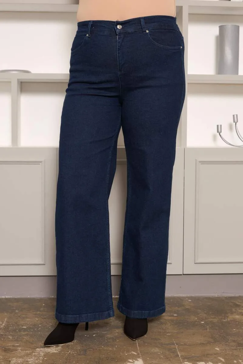 Beli Lastikli Bol Paça Büyük Beden Kot Pantolon Koyu