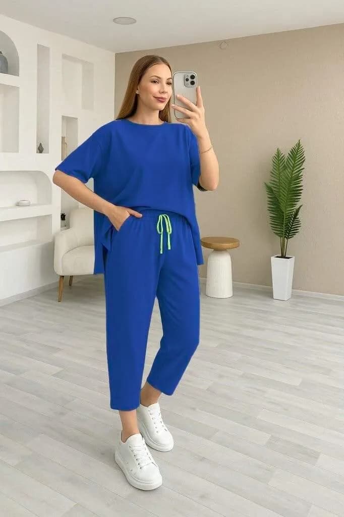 Kadın Kısa Kollu Bisiklet Yaka Viskon İki İplik Bluz ve Pantolon İkili Takım