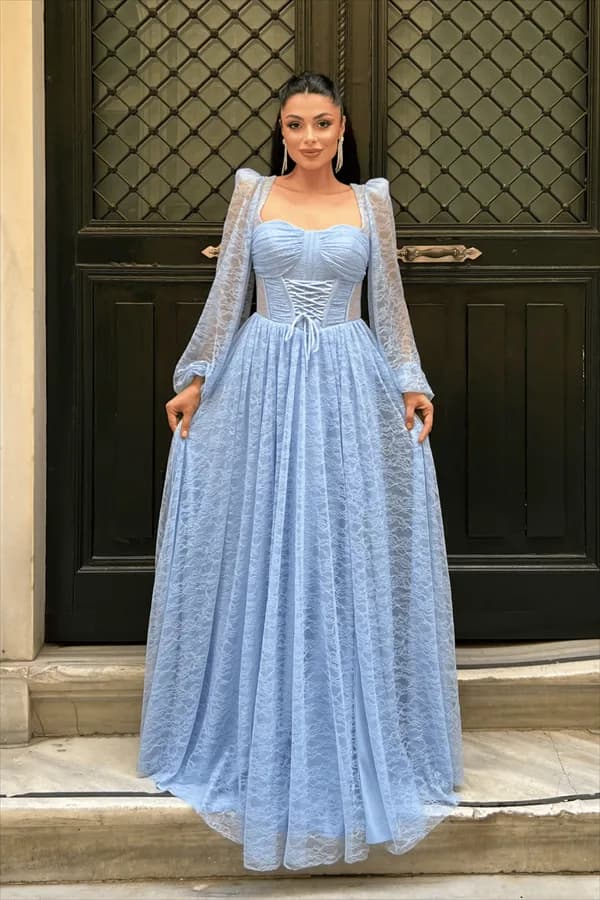 Dantel Kumaş Balen Detaylı Abiye Elbise - BEBE MAVİSİ