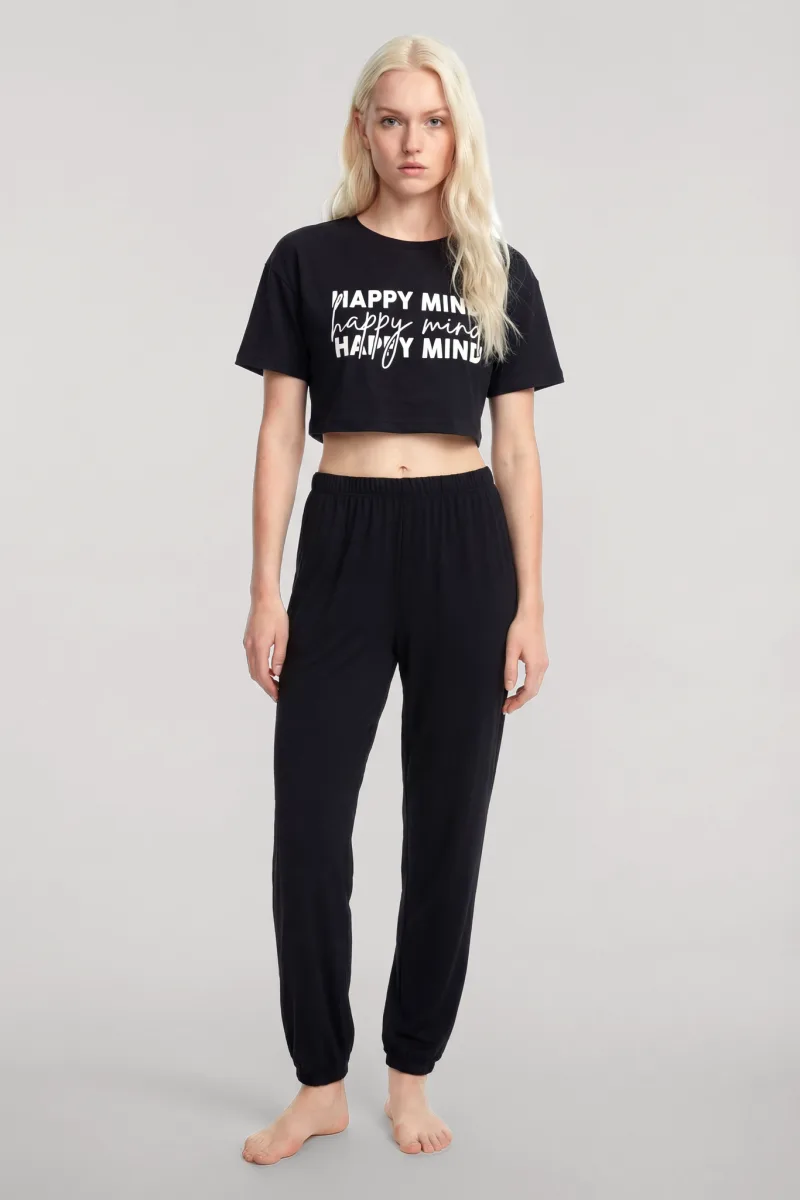 Angelino Baskılı Crop T-Shirt Pantolon Takım Siyah