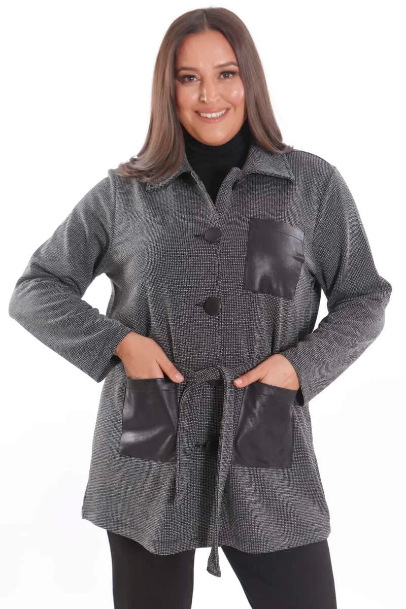 Büyük Beden Deri Cep Detaylı Kemerli Siyah Ceket