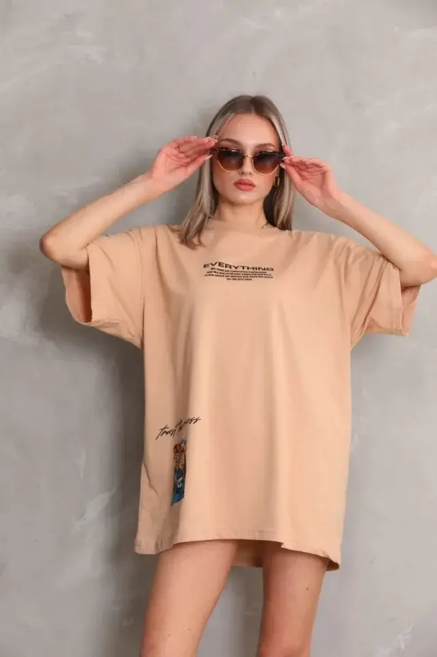 Unisex Bisiklet Yaka Baskılı Oversize T-Shirt