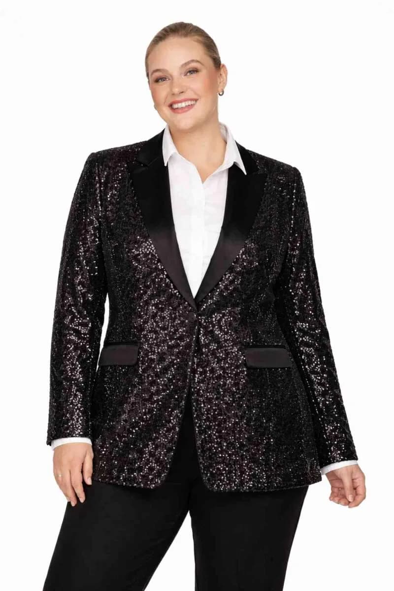 Büyük Beden Uzun Payet Blazer – Abiye Üstü Şık Ceket (62 Bedene Kadar) ND4032