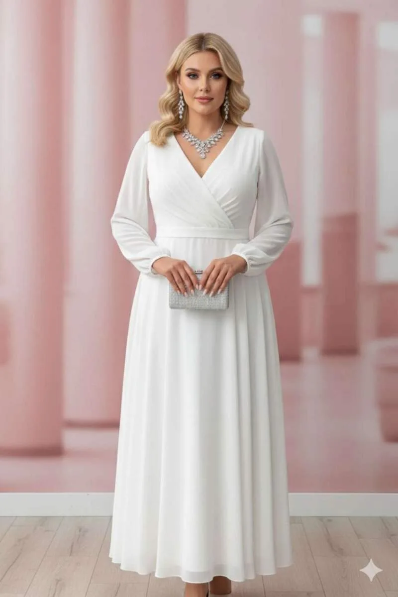 Premium Büyük Beden Beyaz Nikah Elbisesi Kruvaze Yaka, Akışkan Kloş ND4030