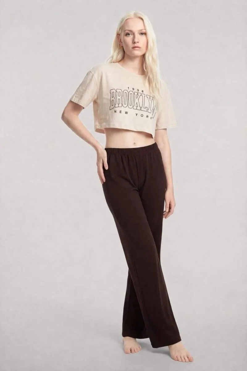 Angelino Baskılı Crop T-Shirt Pantolon Takım Kum Kahve