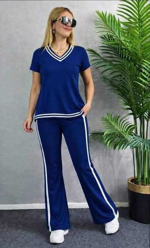 Kadın Kısa Kollu V Yakalı Viskon İki İplik Bluz ve Pantolon İkili Takım