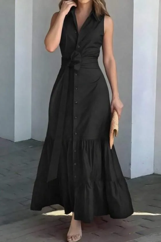 Kadın Kolsuz Yaka Onu Düğmeli Belden Kuşaklı Uzun Trikoton Elbise